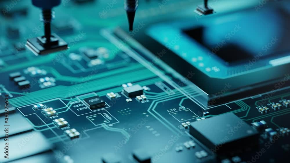 Macro Shot of Automatic Pick and Place machine quickly installs Components on Circuit Board. Electronics and Circuit board Manufacturing Factory. Loopable.