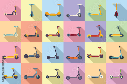 Electric scooter icons set flat vector. City bike photo
