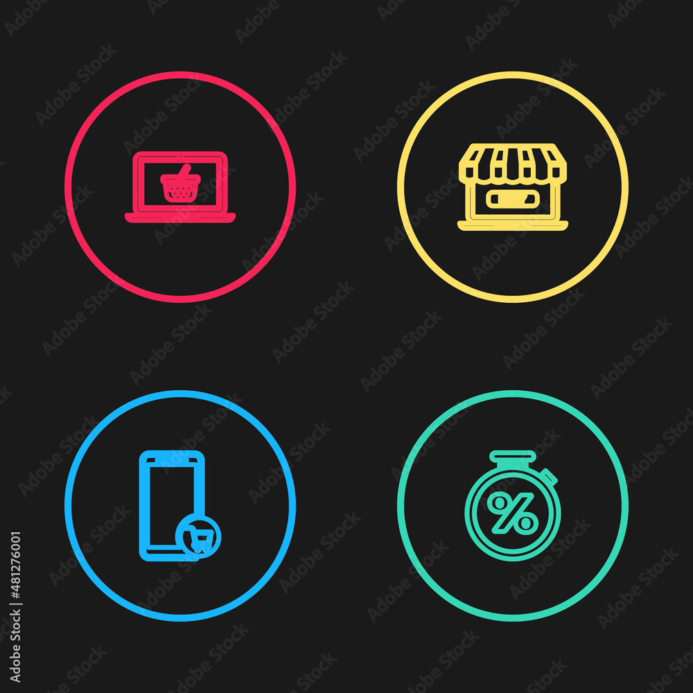 Set line Mobile and shopping cart, Stopwatch percent, Online and Shopping basket on laptop icon. Vector Set line Mobile and shopping cart, Stopwatch percent, Online and Shopping basket on laptop icon. Vector