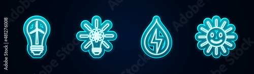Set line Light bulb with wind turbine, gear, Water energy and Cute sun smile. Glowing neon icon. Vector
