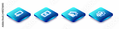 Set Isometric line Mobile charging battery, with heart rate, Smart home and remote control system icon. Vector