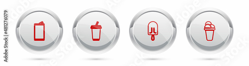 Set line Aluminum can, Glass with water, Ice cream and . Silver circle button. Vector