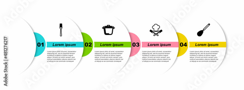 Set line Fork, Cooking pot, Chef hat and fork and Kitchen whisk. Business infographic template. Vector