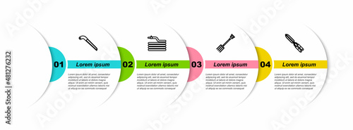 Set line Garden saw, hose or fire hose, pitchfork and Gardening handmade scissor. Business infographic template. Vector