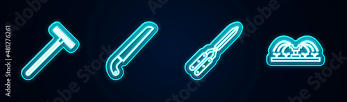 Set line Garden rake, saw, Gardening handmade scissor and Automatic irrigation sprinklers. Glowing neon icon. Vector