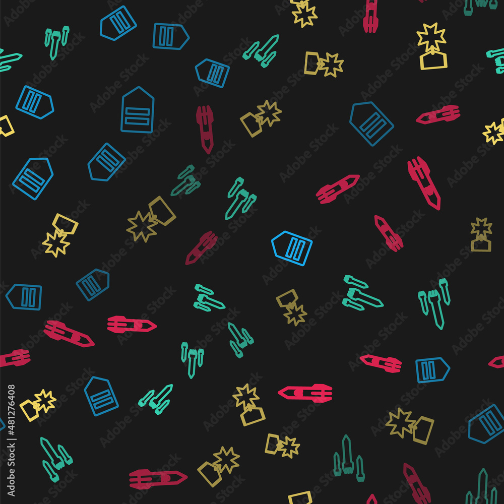 Set line Chevron, Rocket, Military reward medal and Biohazard rocket on seamless pattern. Vector Set line Chevron, Rocket, Military reward medal and Biohazard rocket on seamless pattern. Vector