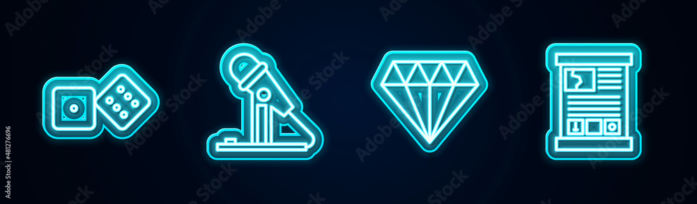 Set line Game dice, Microphone, Diamond and guide. Glowing neon icon. Vector Set line Game dice, Microphone, Diamond and guide. Glowing neon icon. Vector