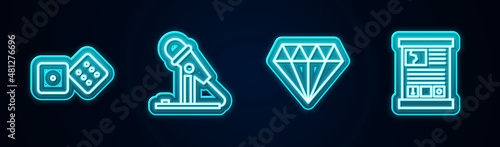 Set line Game dice, Microphone, Diamond and guide. Glowing neon icon. Vector