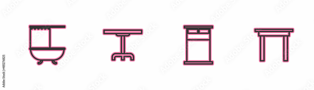 Set line Bathtub with shower curtain, Big bed, Round table and Wooden icon. Vector Set line Bathtub with shower curtain, Big bed, Round table and Wooden icon. Vector
