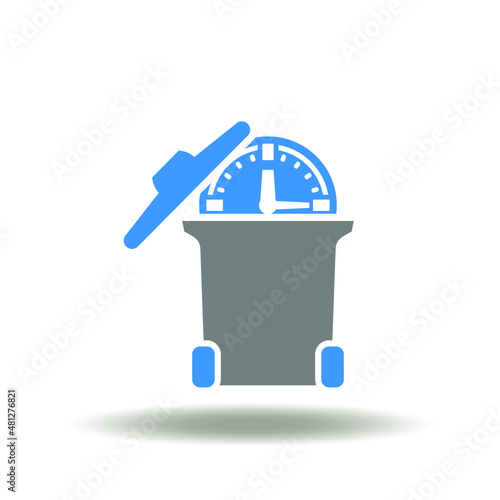 Vector illustration of trash can with clock. Symbol of time loss. Icon of inefficiency.