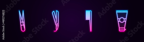 Set line Eyebrow tweezers, Curling iron, Hairbrush and Lotion cosmetic tube. Glowing neon icon. Vector