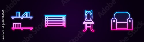 Set line Shelf with books, Chest of drawers, Chair and Armchair. Glowing neon icon. Vector