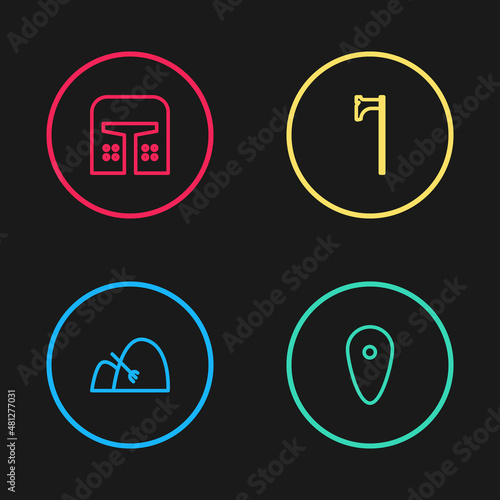 Set line Bale of hay and rake, Shield, Medieval axe and iron helmet icon. Vector