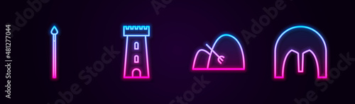 Set line Medieval spear, Castle tower, Bale of hay and rake and iron helmet. Glowing neon icon. Vector