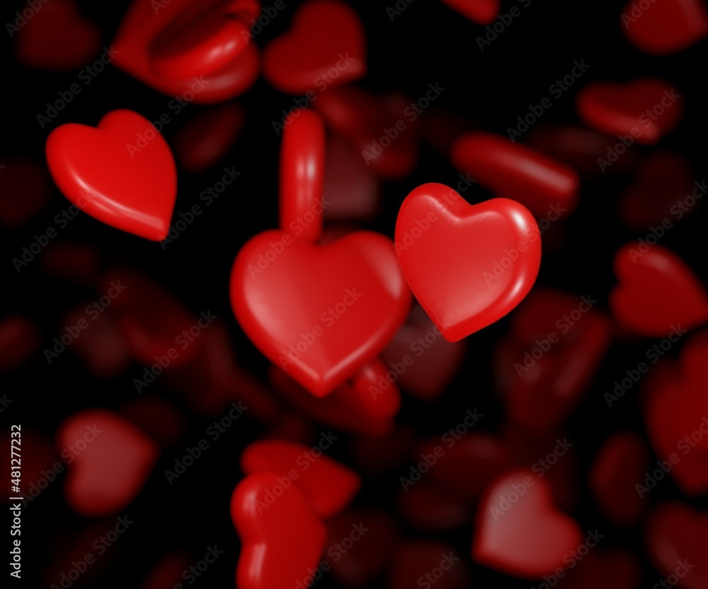 Red hearts scattered on the black background Red hearts scattered on the black background