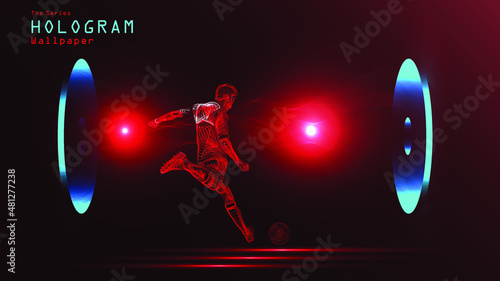 The series of hologram wallpaper. Action figure of a football player on light projection.