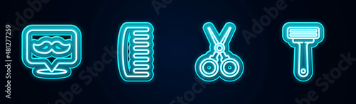 Set line Barbershop, Hairbrush, Scissors hairdresser and Shaving razor. Glowing neon icon. Vector