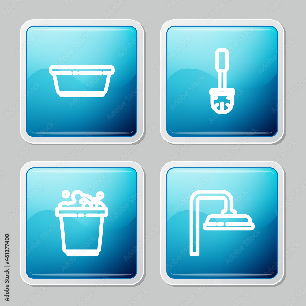 Set line Plastic basin, Toilet brush, Bucket with soap suds and Shower head icon. Vector Set line Plastic basin, Toilet brush, Bucket with soap suds and Shower head icon. Vector