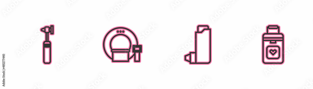 Set line Medical otoscope tool, Inhaler, Tomography and Organ container icon. Vector Set line Medical otoscope tool, Inhaler, Tomography and Organ container icon. Vector
