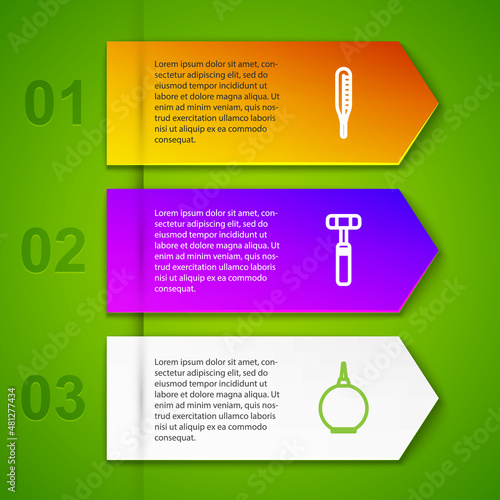 Set line Medical thermometer, Neurology reflex hammer, Enema and rubber gloves. Business infographic template. Vector