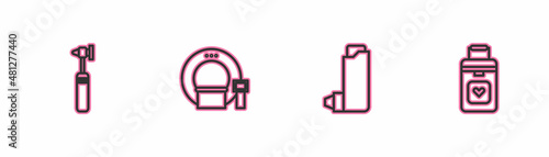 Set line Medical otoscope tool, Inhaler, Tomography and Organ container icon. Vector