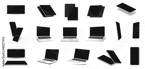 Minimalist gadgets set with black blank screen. 3D realistic device, detailed collection. Tablet, laptop, smartphone in perspective Isometric, frontal, side view.  Mockup device. Tablet and phone set