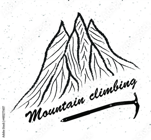 mountains and ice axe with text Mountain landscape, vector illustration logo, black and white 