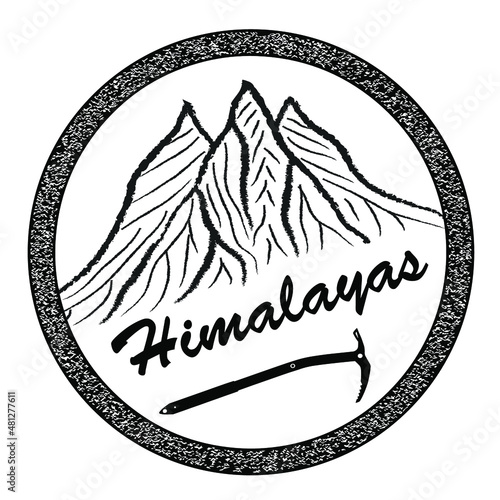mountains and ice axe with text Mountain landscape, vector illustration logo, black and white 