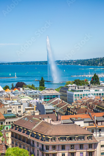 View of jet d-Eau from the window of St. Peter's Cathedral, Geneva Switzerland photo