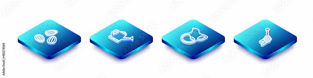 Set Isometric line Seeds, Watering can, Jug glass with milk and Honey dipper stick icon. Vector Set Isometric line Seeds, Watering can, Jug glass with milk and Honey dipper stick icon. Vector