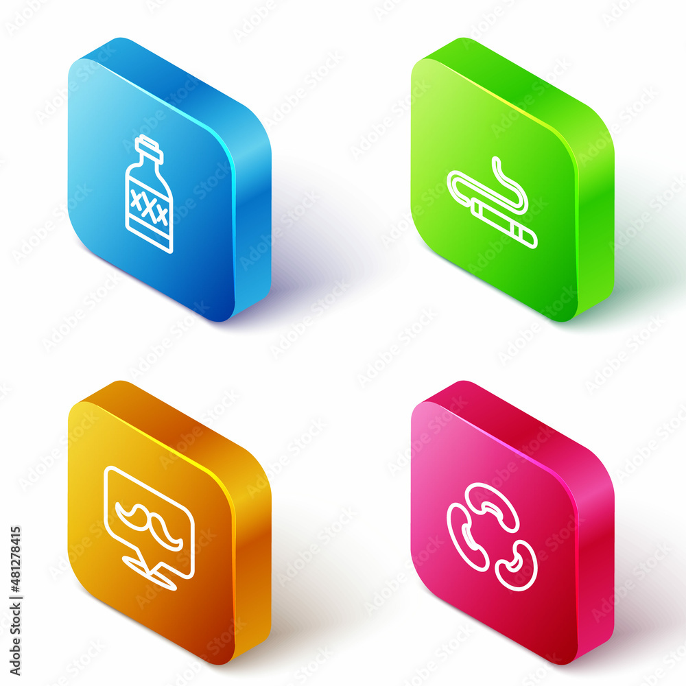 Set Isometric line Tequila bottle, Cigar, Mustache and Beans icon. Vector Set Isometric line Tequila bottle, Cigar, Mustache and Beans icon. Vector