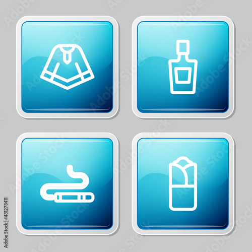 Set line Poncho, Tequila bottle, Cigar and Burrito icon. Vector