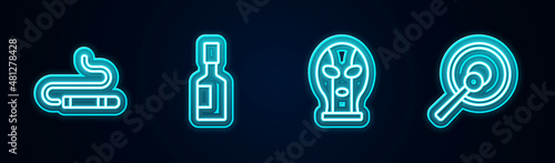 Set line Cigar, Tabasco sauce, Mexican wrestler and Gong. Glowing neon icon. Vector