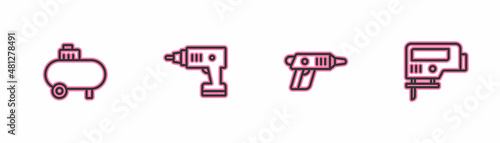 Set line Air compressor, Electric cordless screwdriver, and jigsaw icon. Vector