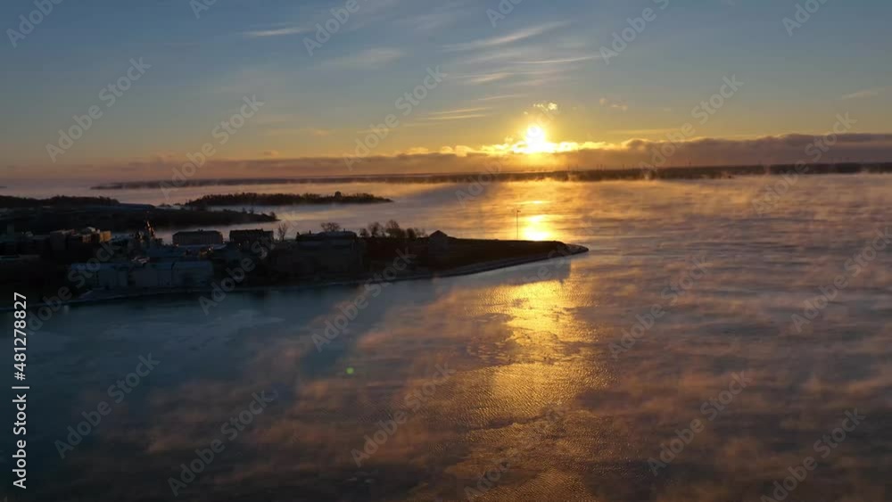 aerial Morning Sunrise Fog with golden sun aerial Morning Sunrise Fog with golden sun