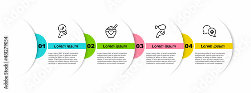 Set line Donation and charity, food, and Dialogue with doctor. Business infographic template. Vector