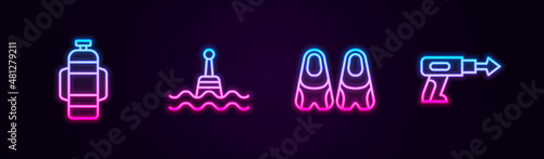 Set line Aqualung, Floating buoy, Flippers for swimming and Fishing harpoon. Glowing neon icon. Vector