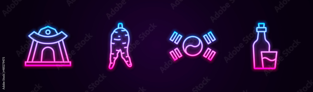 Set line Korean temple, Ginseng root, South flag and Soju bottle. Glowing neon icon. Vector Set line Korean temple, Ginseng root, South flag and Soju bottle. Glowing neon icon. Vector
