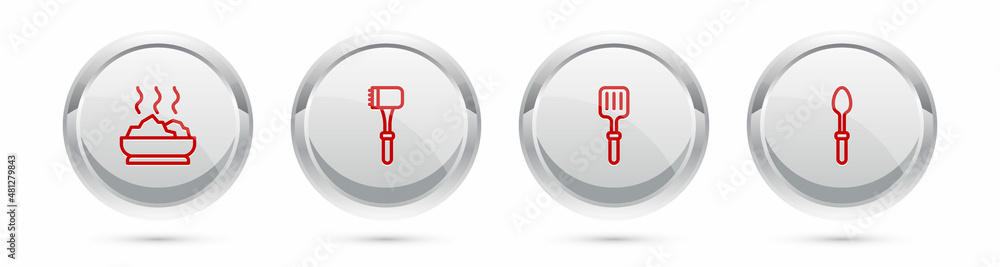 Set line Bowl of hot soup, Kitchen hammer, Barbecue spatula and Teaspoon. Silver circle button. Vector Set line Bowl of hot soup, Kitchen hammer, Barbecue spatula and Teaspoon. Silver circle button. Vector