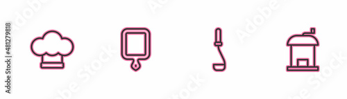 Set line Chef hat, Kitchen ladle, Cutting board and Manual coffee grinder icon. Vector