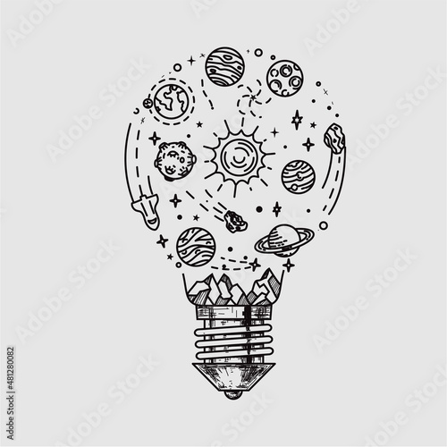Doodle solar system in bulb light Hand drawn sketch