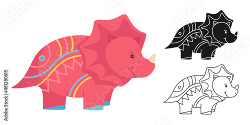 Dino prehistoric character cartoon or stamp, doodle outline set. Kids design animals for fabric, textile, stencil stain print. Wildlife reptile dinosaur childish illustration. Dinosaur era vector