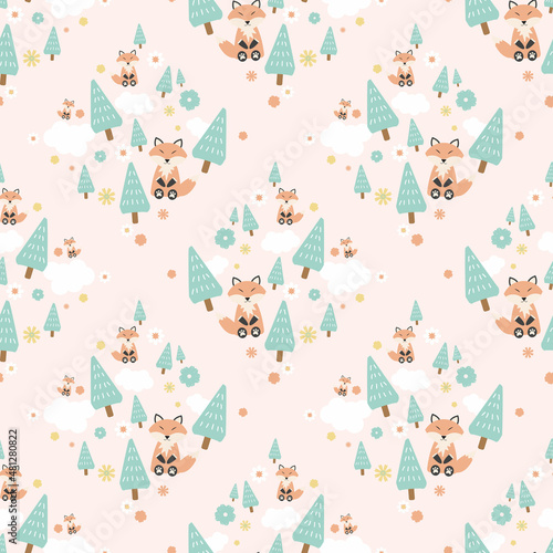 cute fox in pastel sweet color in the forest seamless square pattern for print or fabric
