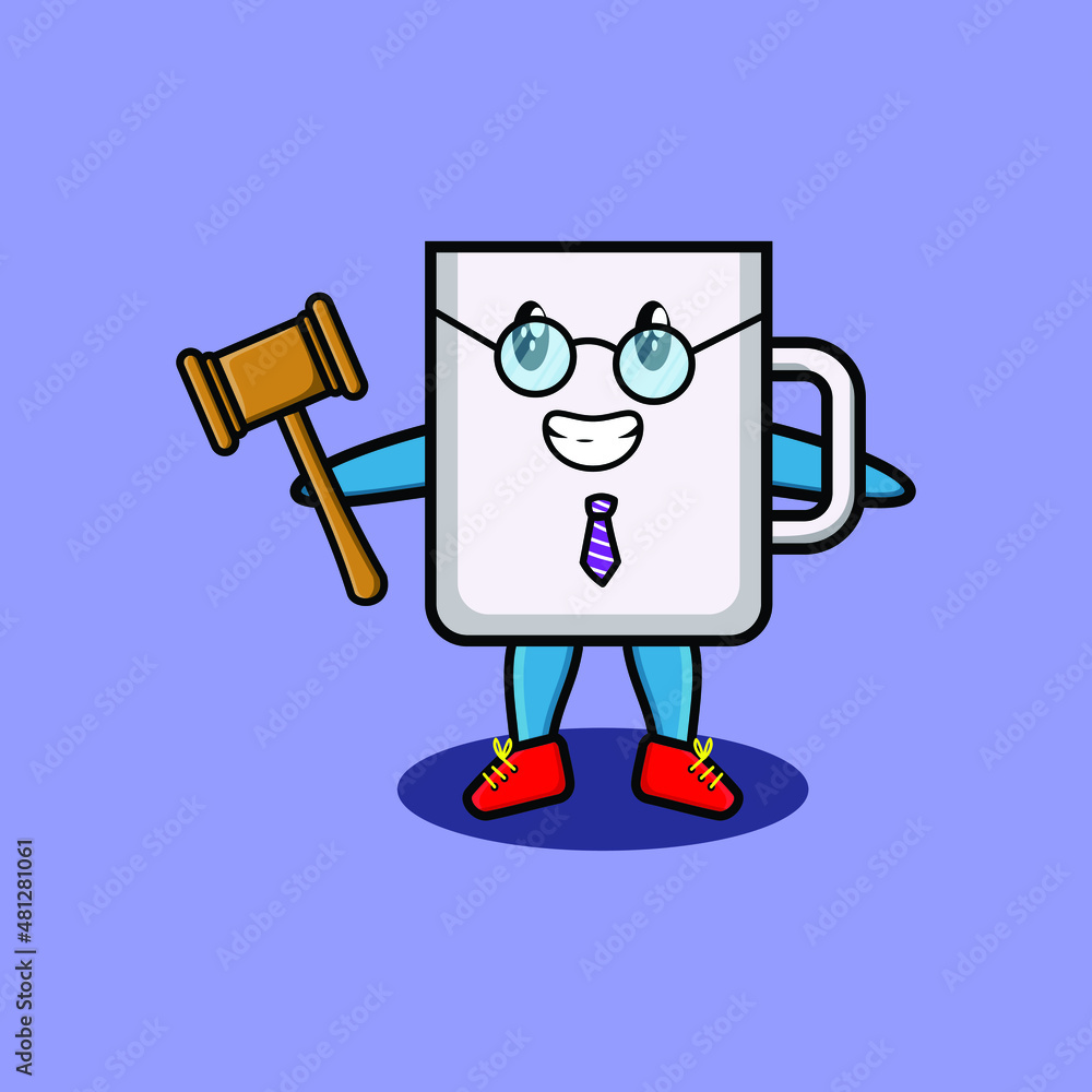 Cute cartoon mascot character wise judge coffee tea cup wearing glasses and holding a hammer with cute modern style design for t-shirt, sticker, logo element