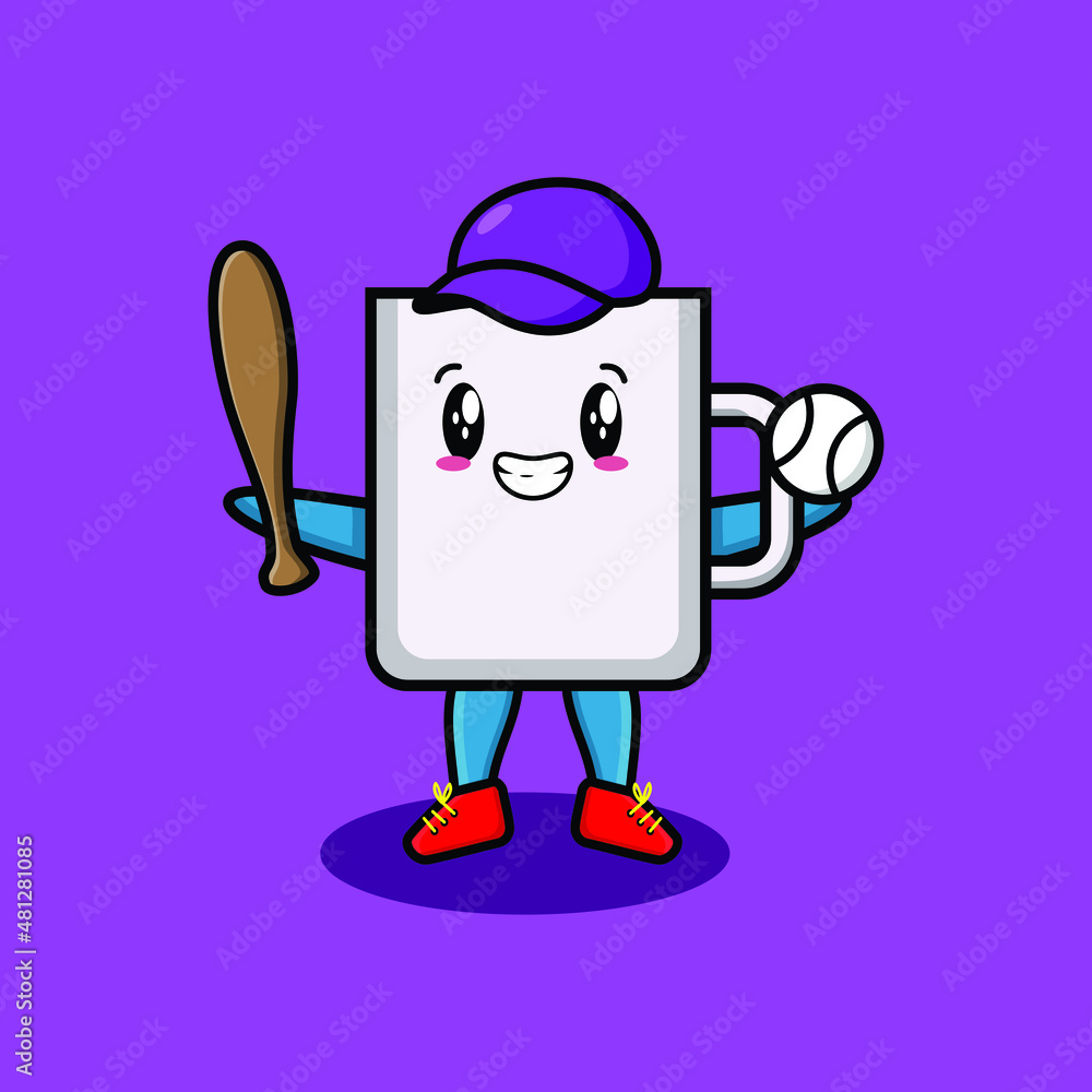 Cute cartoon mascot character coffee tea cup playing baseball in modern style design for t-shirt, sticker, and logo elements