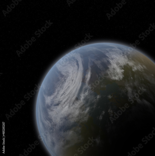 Blue-Green Alien Planet with Starfield Background  3d digitally rendered science fiction illustration