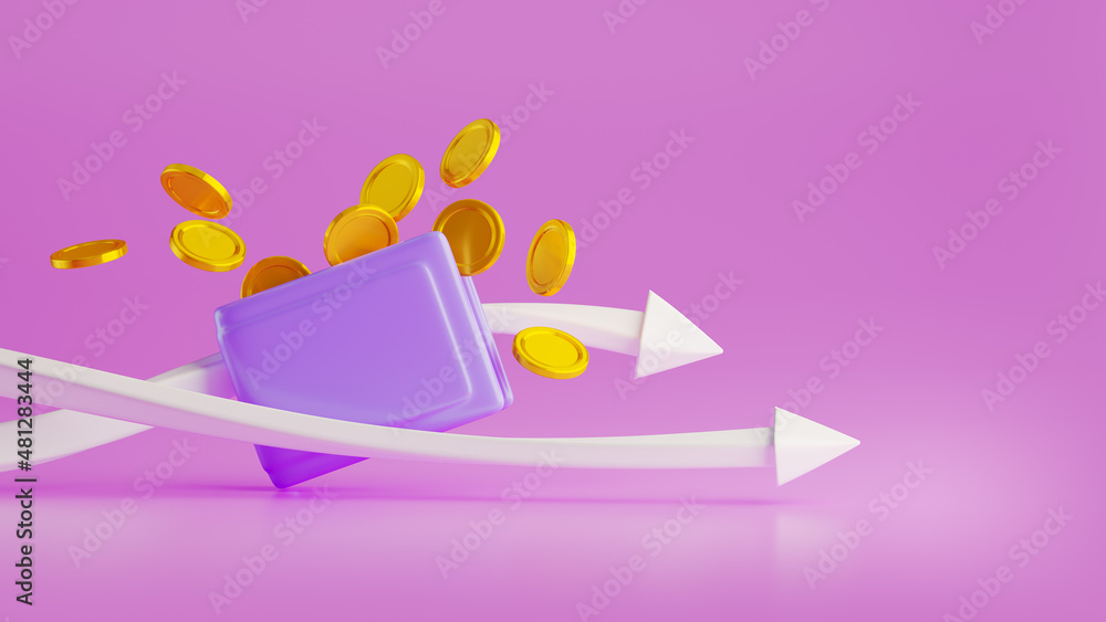 Gold coins falling and floating around purse. Economy and finances concept with white arrow direction lines in motion. Wallet with money. 3d illustration.