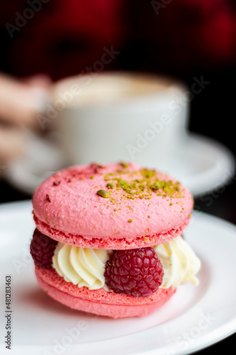 Macaron Filled with Fresh Raspberries and Cream