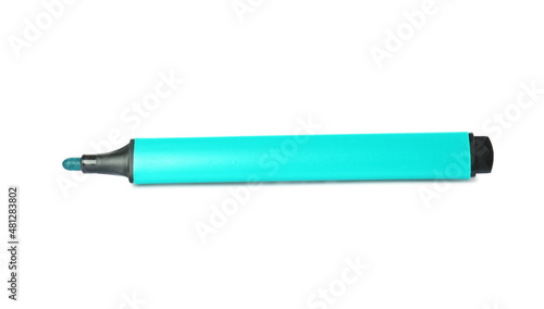 Bright color marker on white background, top view. School stationery