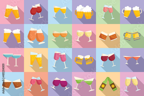 Cheers icons set flat vector. Beer toast